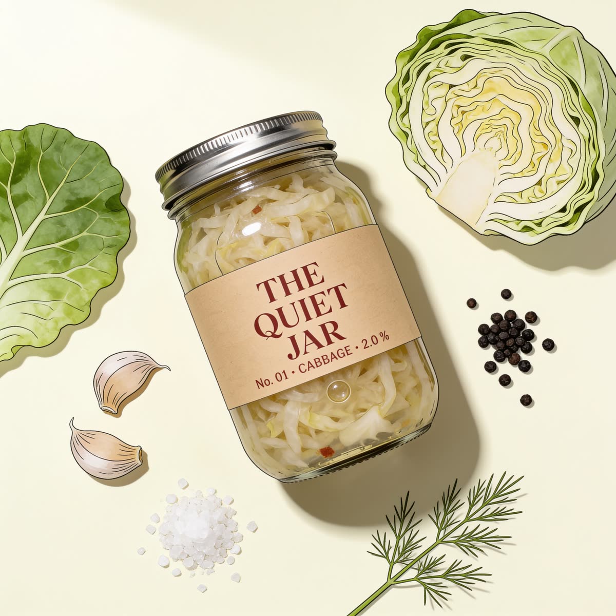 Illustration: a jar of sauerkraut surrounded by cabbage, garlic, dill and peppercorns