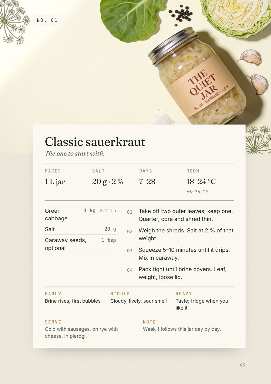 Recipe card page: cabbage, salt, fifteen minutes